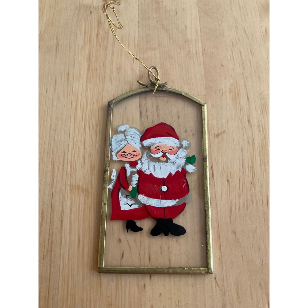 Vintage Santa and Mrs Claus Hand Painted Glass Brass Frame Christmas Ornament